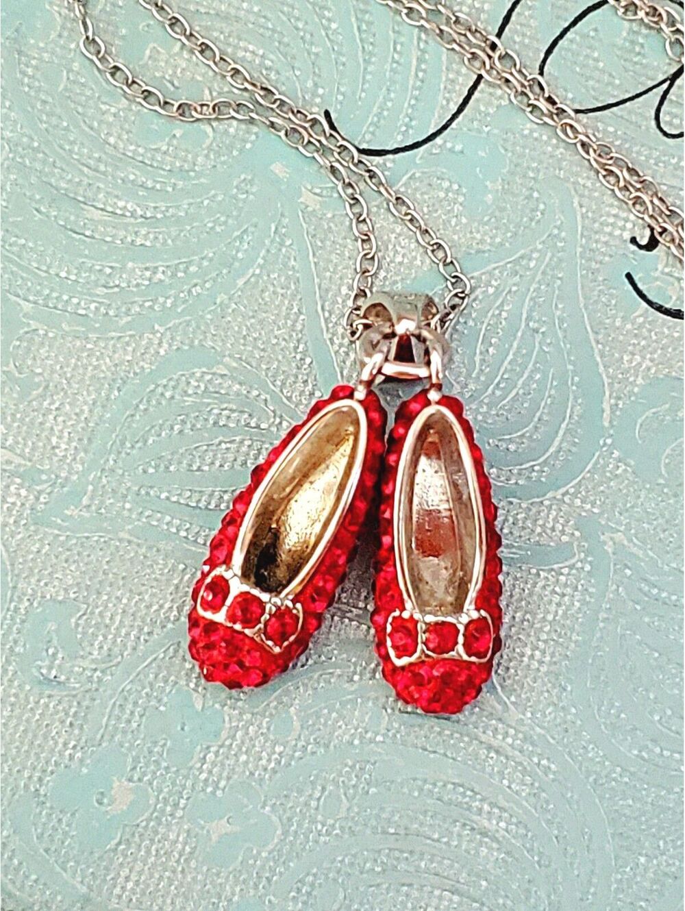 Vintage Sterling Silver JCM The Wizard of Oz Ruby Red Slippers Pendant Necklace